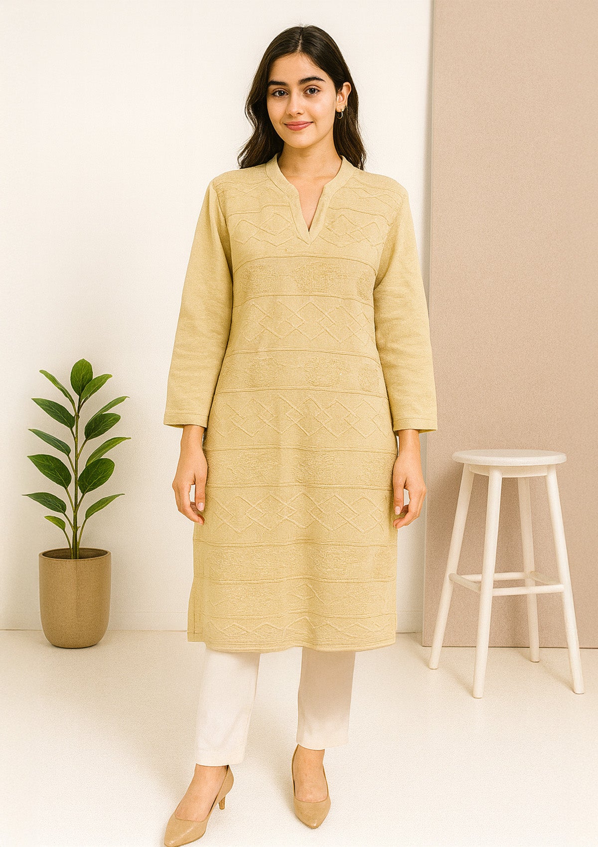 Beige Woolen Kurti – Self‑Textured Knit with V‑Split Neck