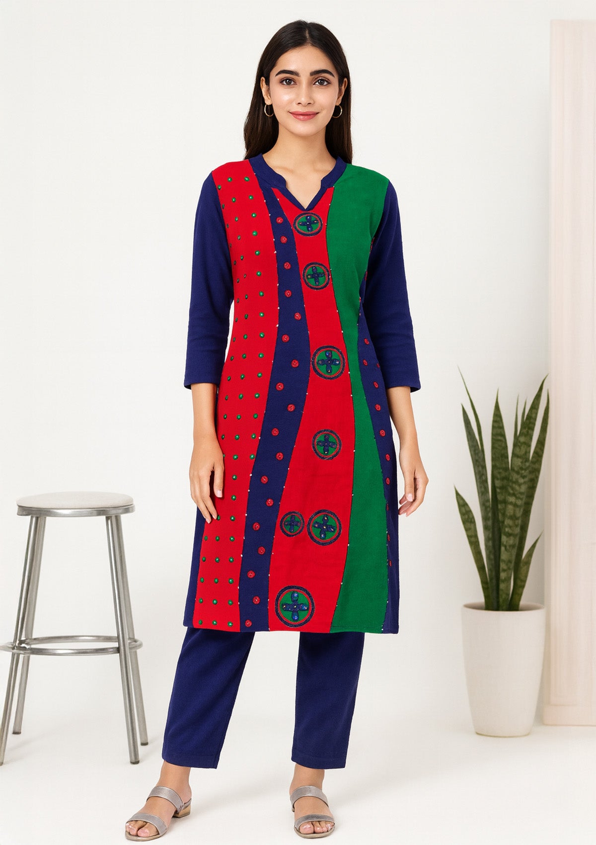 Tricolor Woolen Kurti – Red Navy Green Panels with Embellished Dots