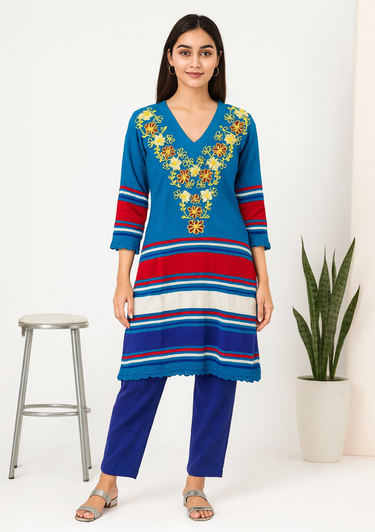 Teal Woolen Kurti – Floral Embroidery with Multicolor Stripes