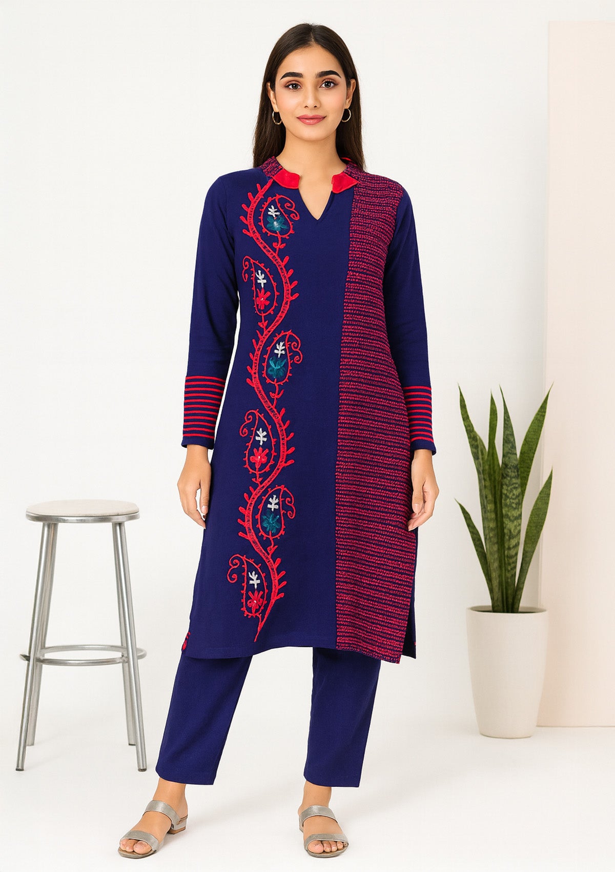 Navy Woolen Kurti – Red Collar, Embroidered Vine Panel