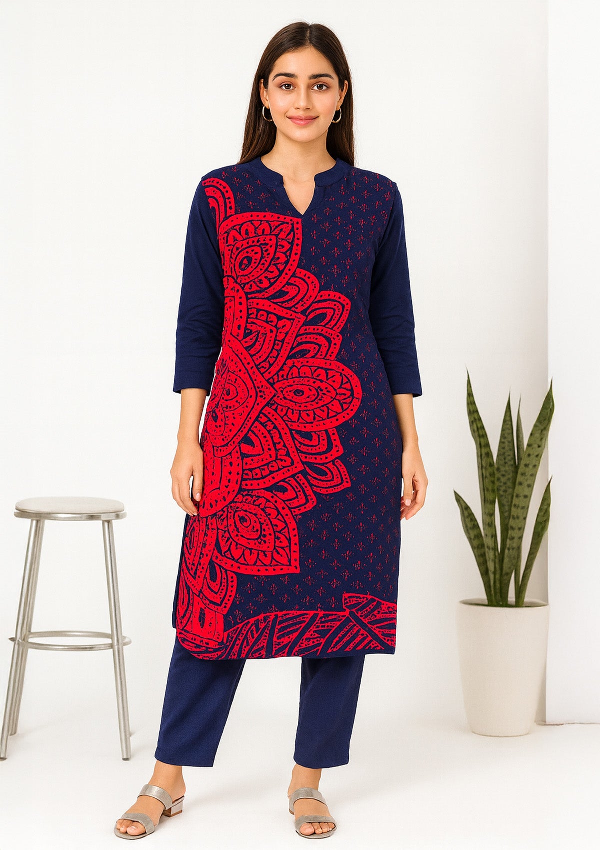 Navy Woolen Kurti – Red Floral Motif, Cozy Winter Knit