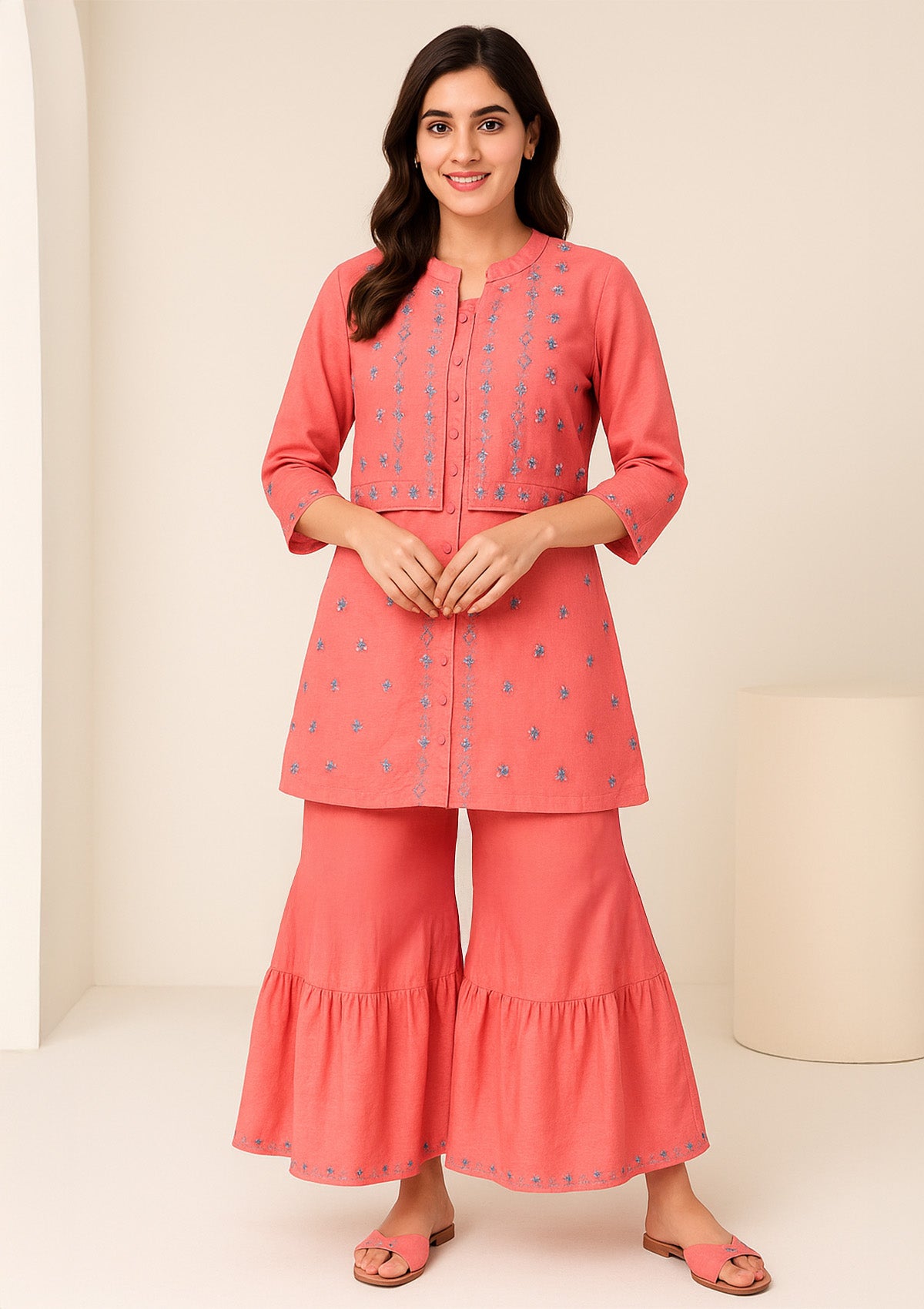 Peach Silk Cotton Embroidered Kurti with Matching Flared Sharara Pant