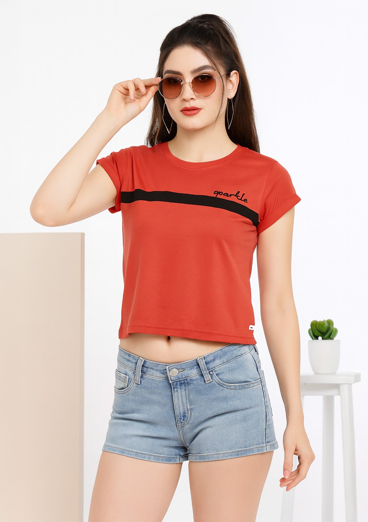Women’s Graphic Crop Top –  Carrot Orange Cotton Jersey