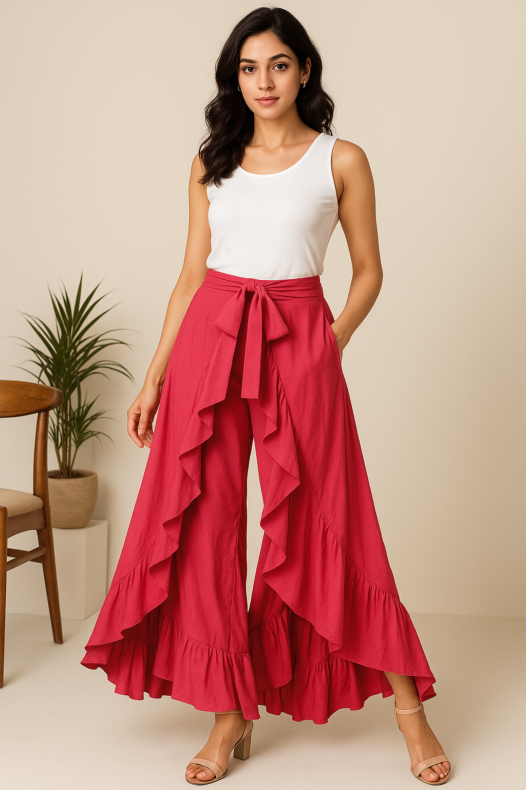 ClothingSutra Women’s Pink Ruffle Palazzo – Designer Flared Tiered Palazzo Pants Free size