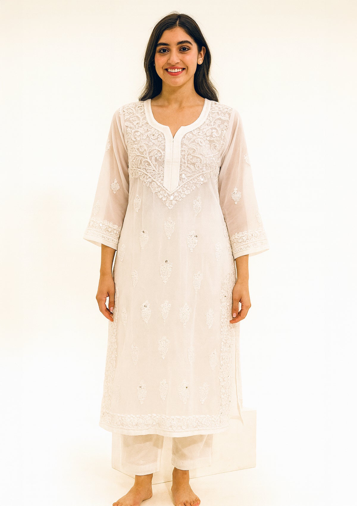 ClothingSutra White Georgette Kurti with Chikankari Embroidery & Mirror Work 42
