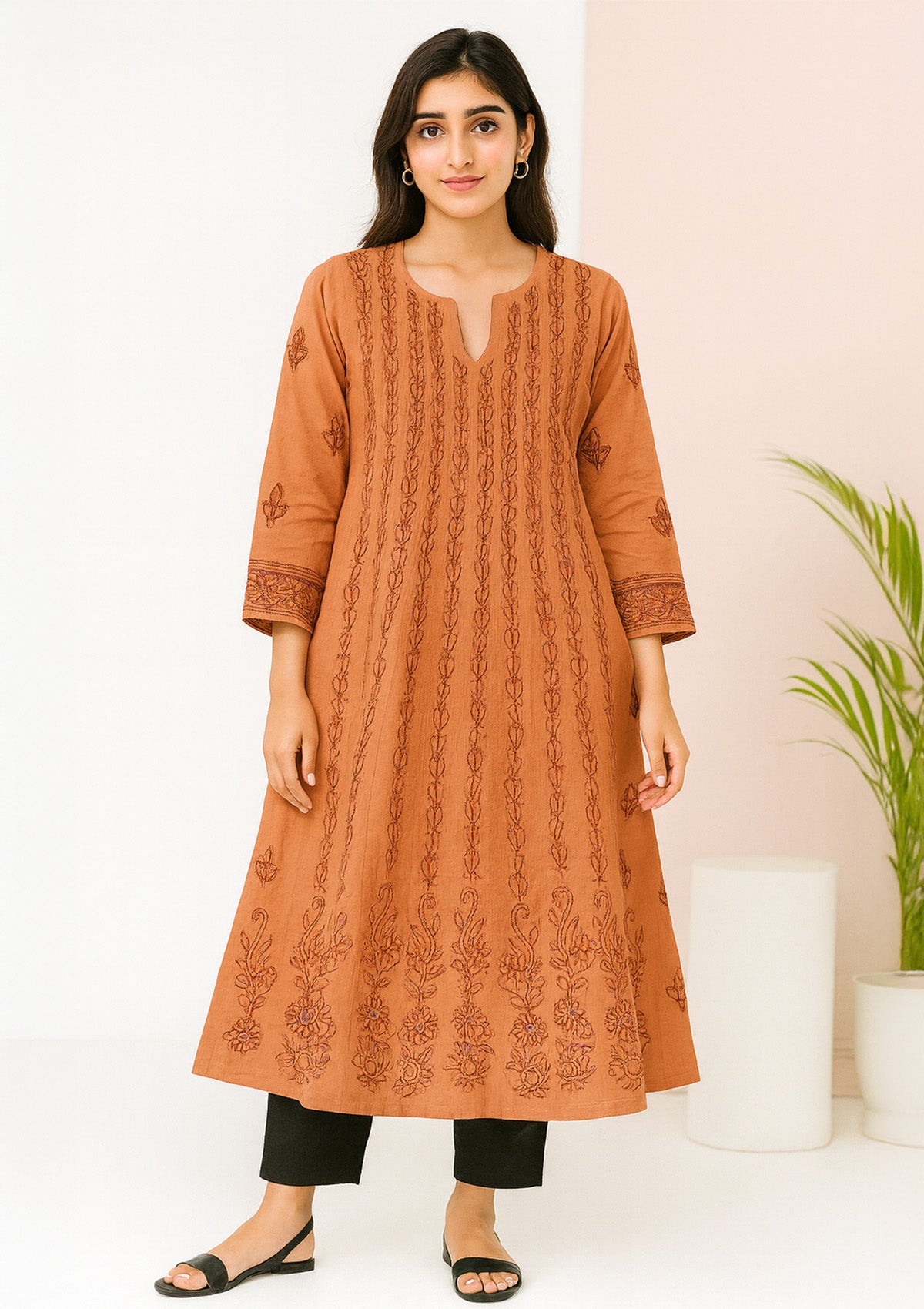 Women Cotton Lucknowi Kurti – Rust Brown A-Shape