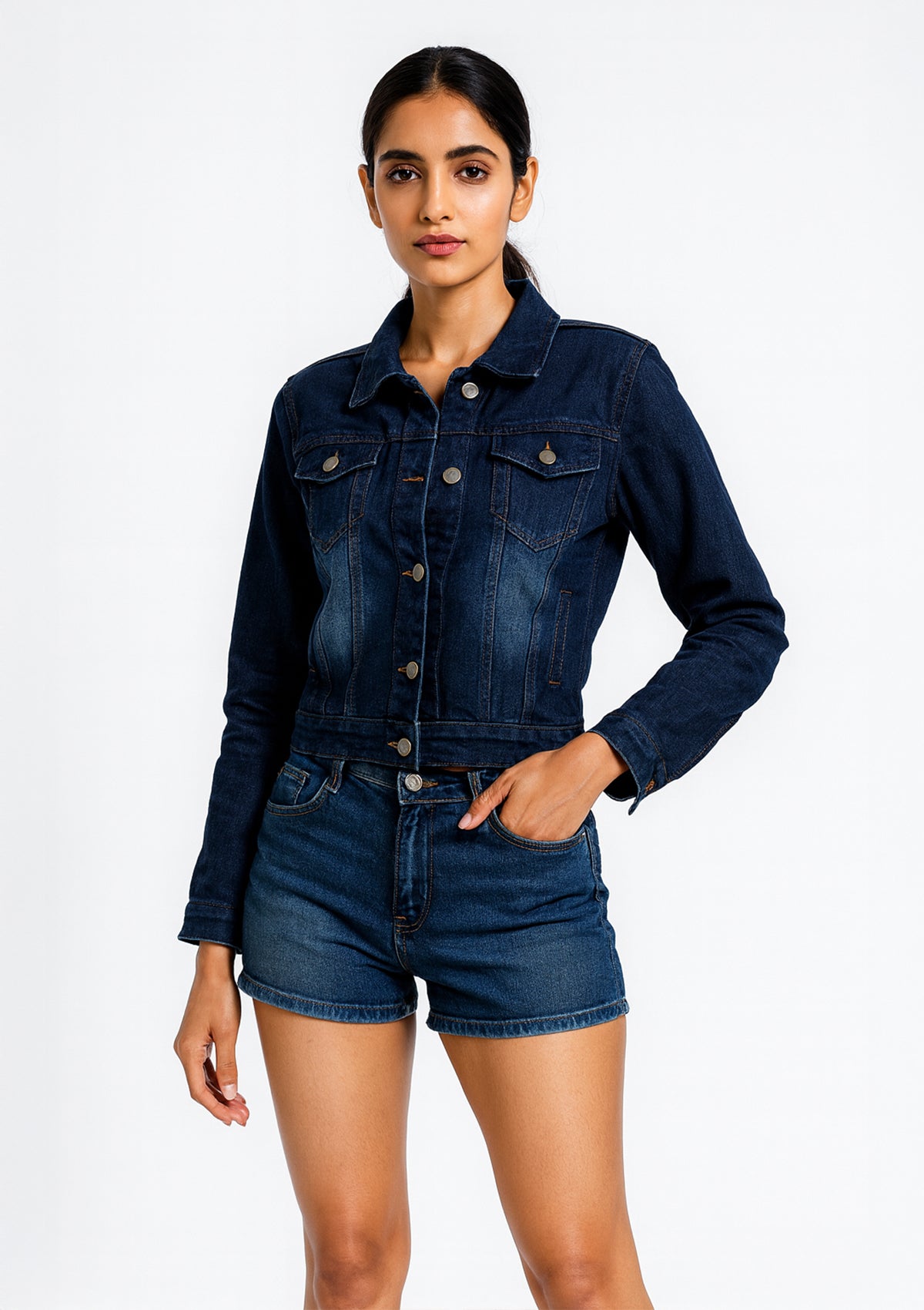 Women’s Dark Blue Denim Jacket – Classic Button-Up
