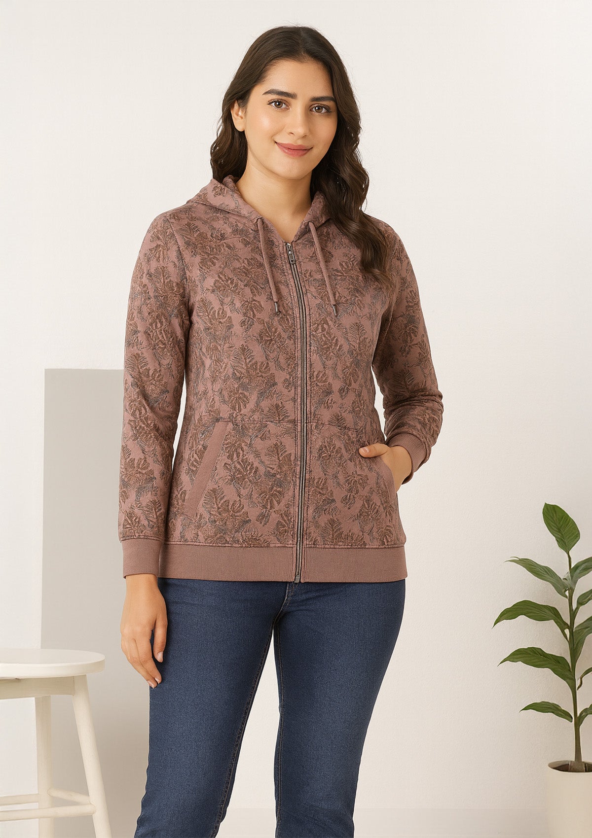 Blush Taupe Winter Layer - Floral Jacquard Zip Hoodie
