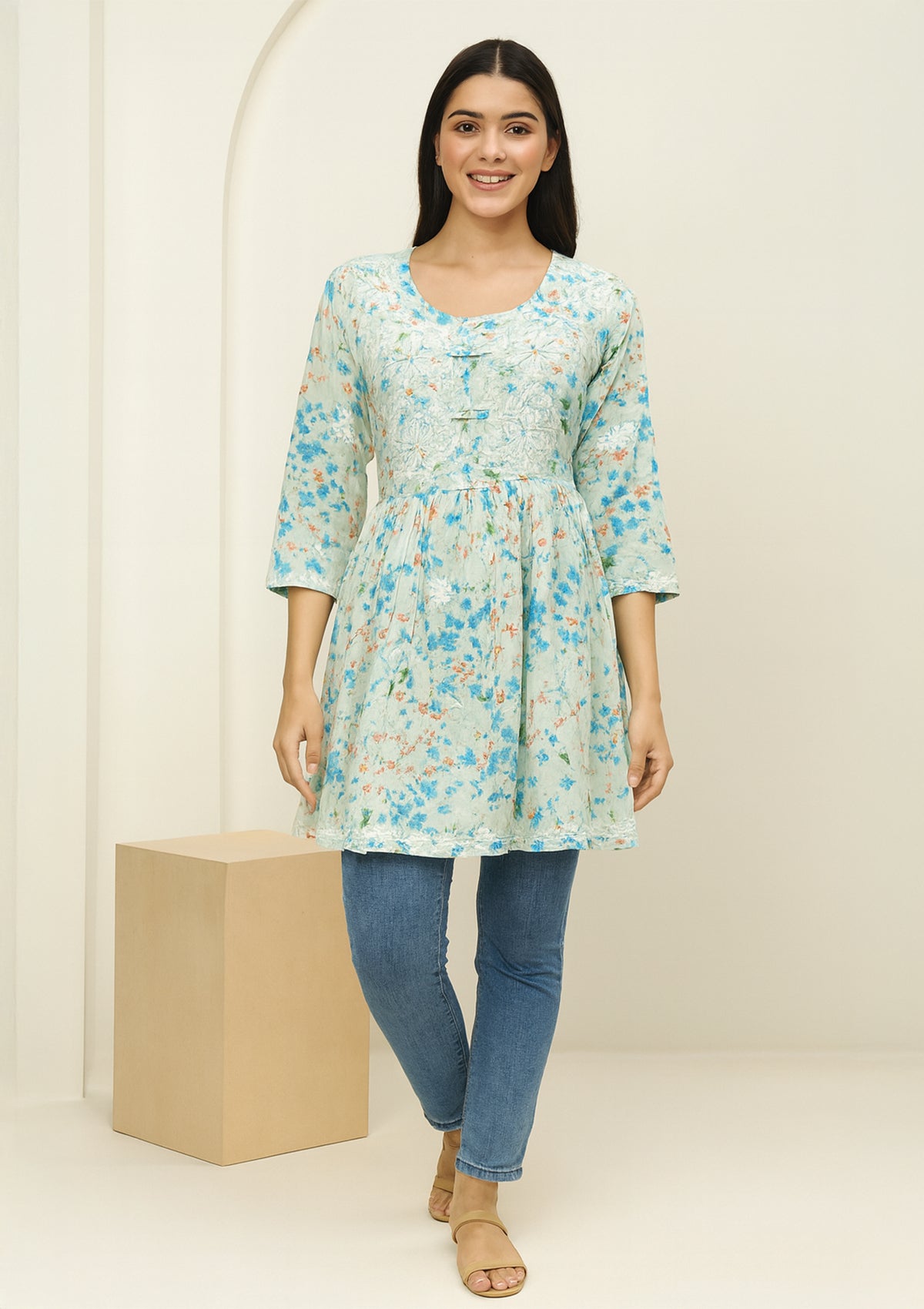 ClothingSutra Floral Print Short Kurti with White Chikankari Embroidery 38