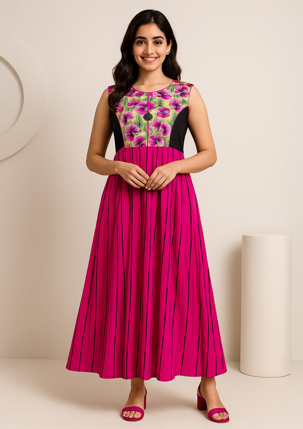 Floral Print Fuchsia Pink Georgette Gown with Contrast Detailing