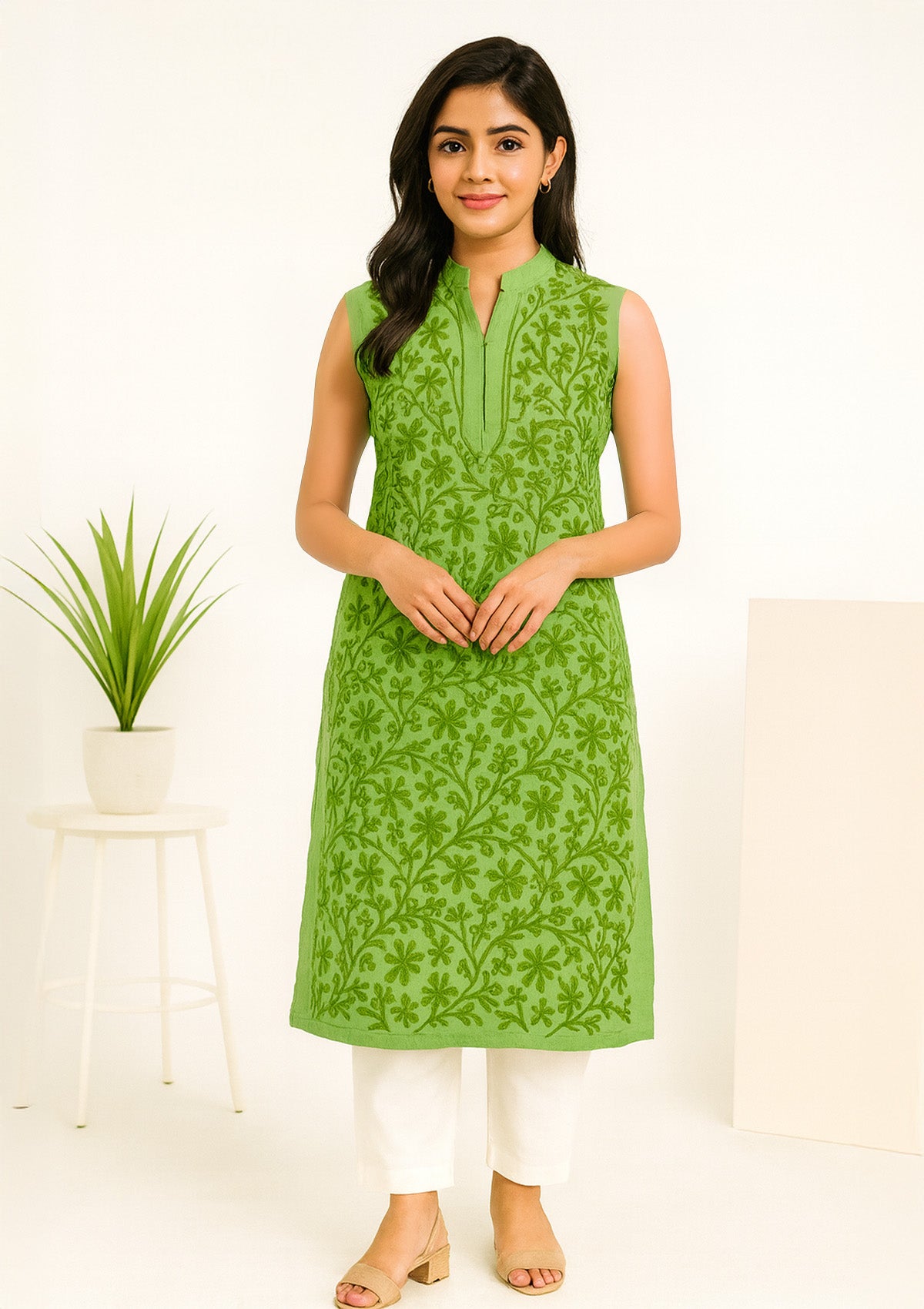 Women Kurti – Olive Green Floral Embroidery & Crosia Work Sleeves