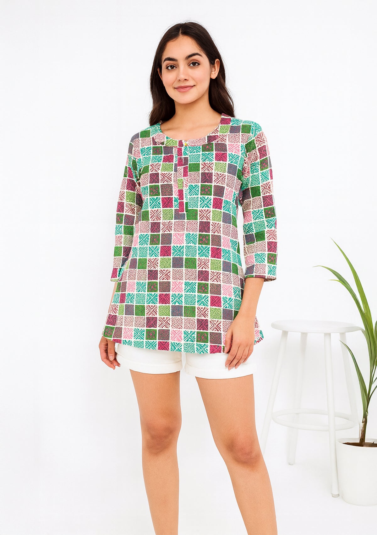 Multicolor Cotton Printed Top – Geometric Patchwork & Button Neck