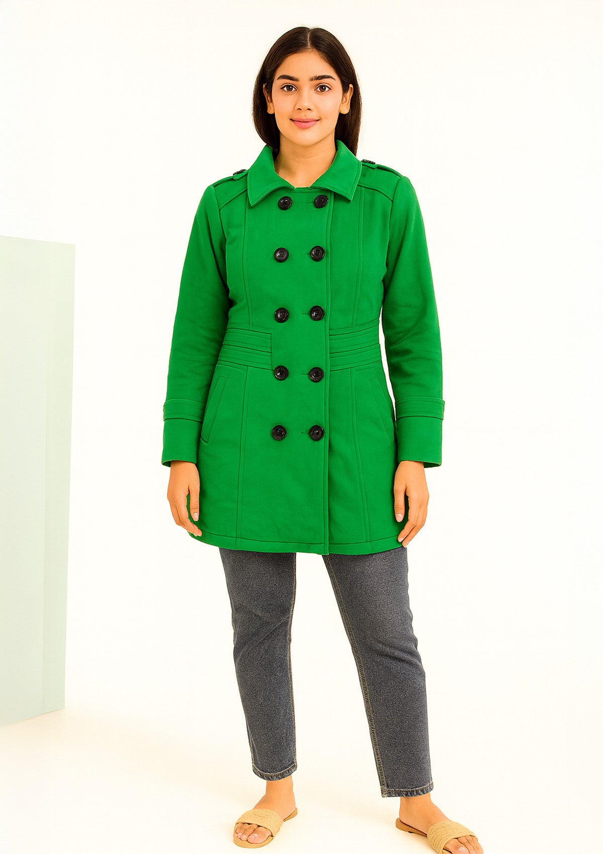 Premium Green Double Breasted Wool Coat – Soft Fleece Warmth