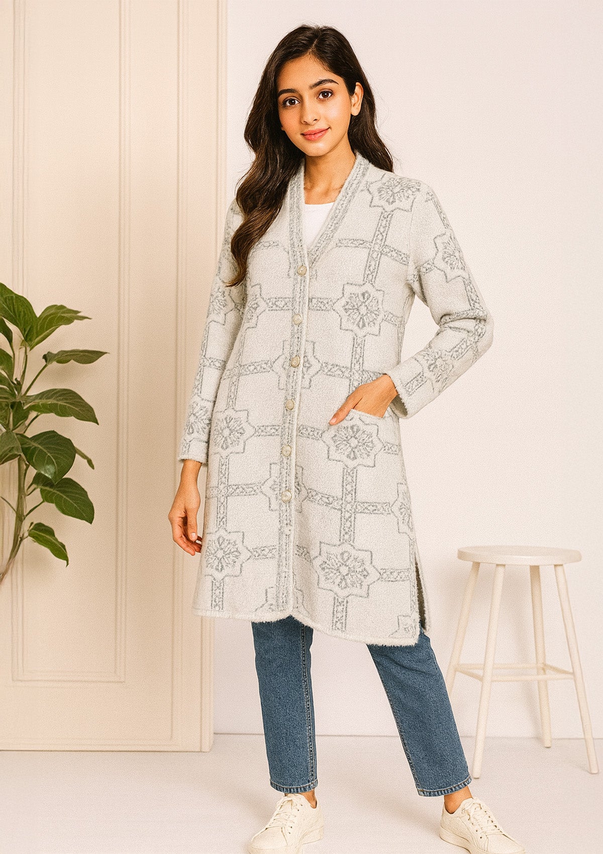 Feather Wool Long Cardigan – Soft Grey & Snowflake Moti
