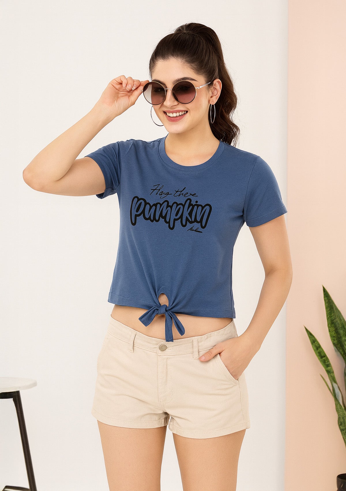 Women’s Tie Front Graphic Crop Top – Denim Blue Color Jersey