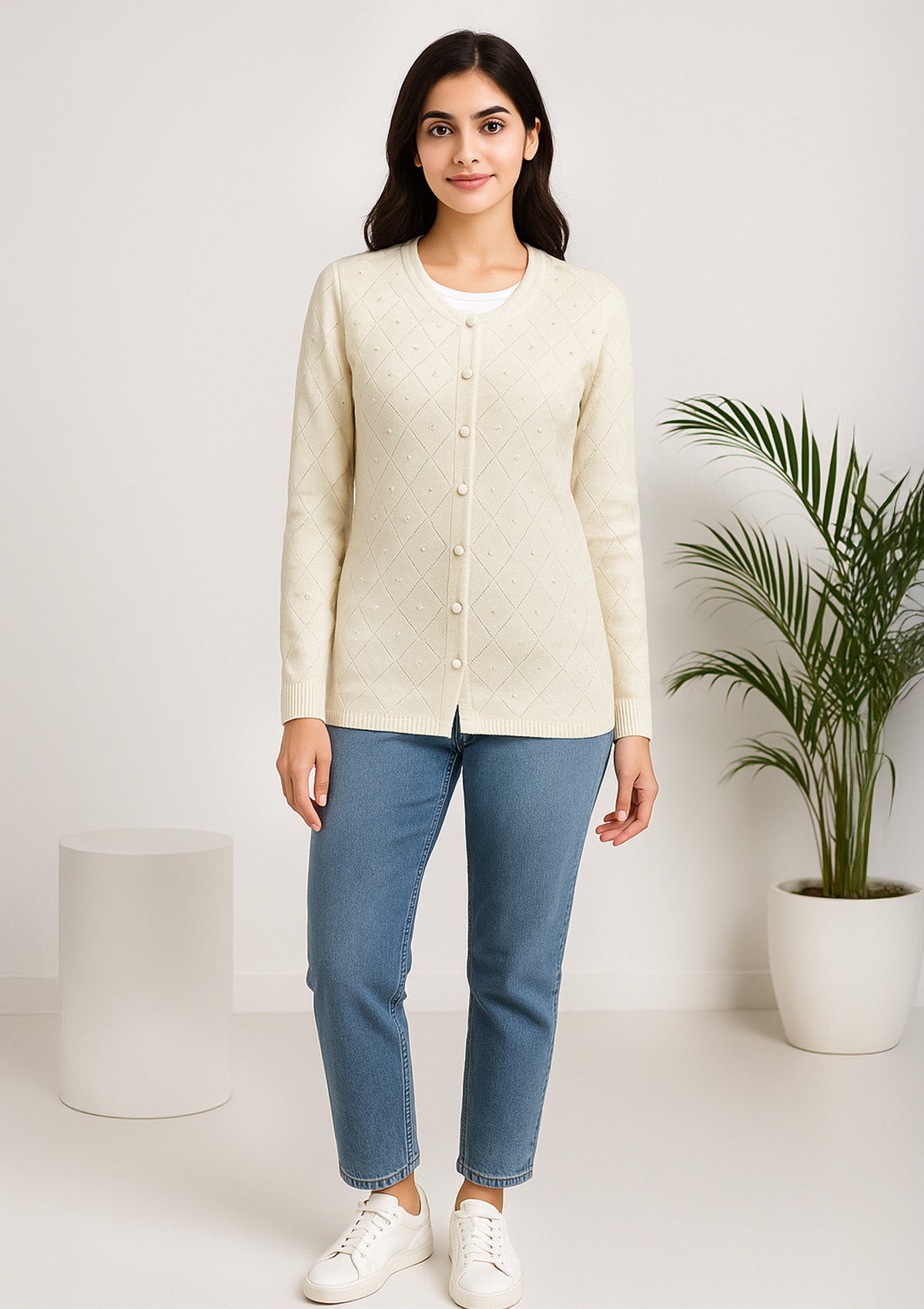 Women's Ivory Pearl-Studded Cardigan – Diamond Knit Pattern