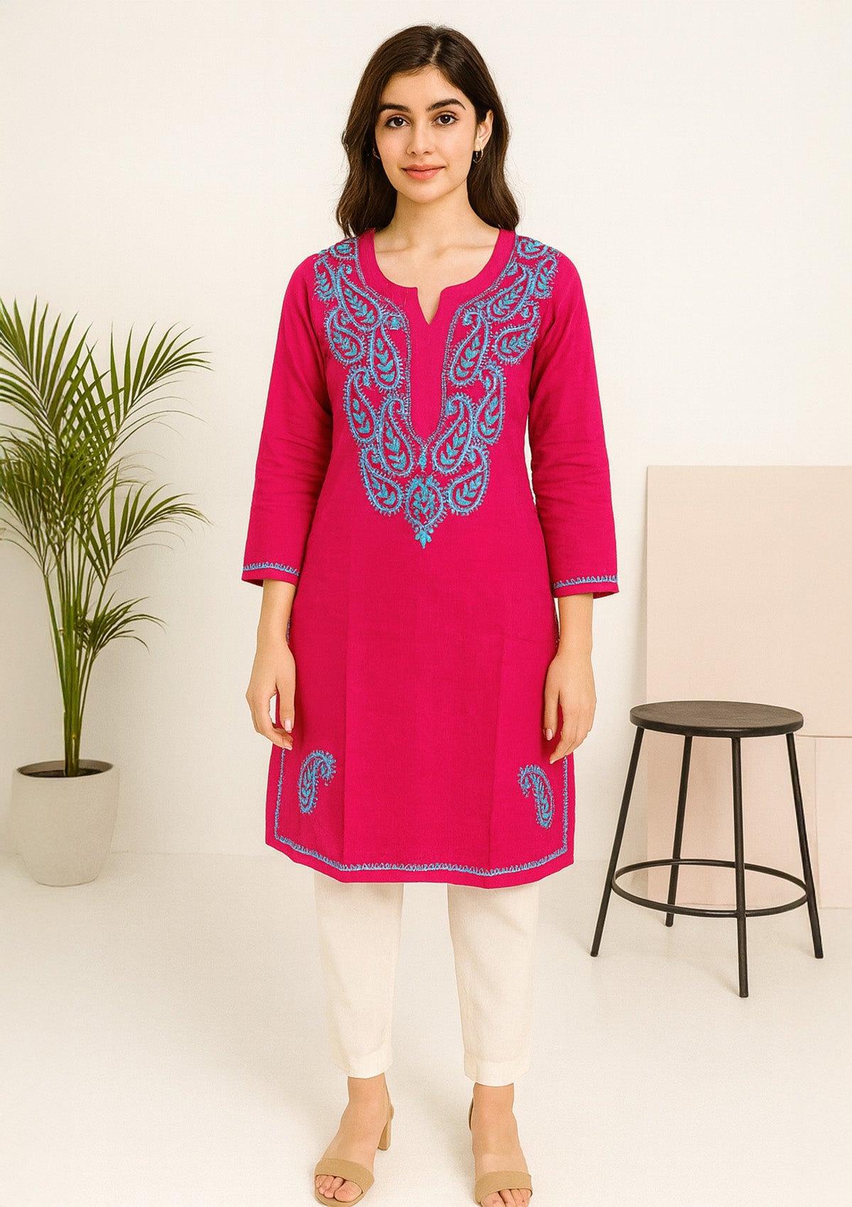 Women's Pink with Blue Paisley Embroidery - Medium Length Kurti