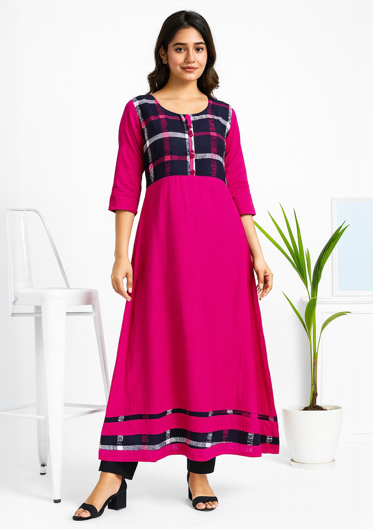 Women's Rayon A-line Kurti – Hot Pink and Navy Blue Check Patch