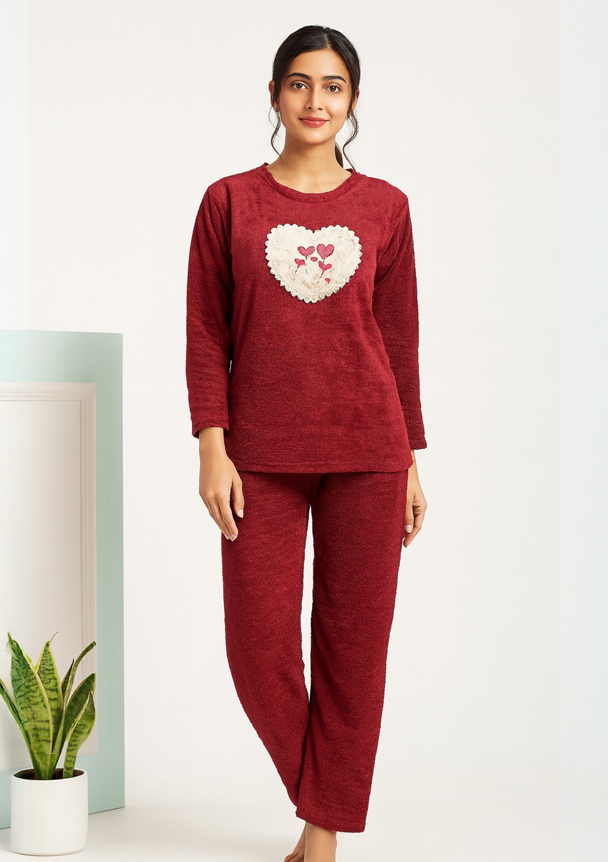 Co‑Ord Night Suit Set – Plush Fleece Top and Straight Pant