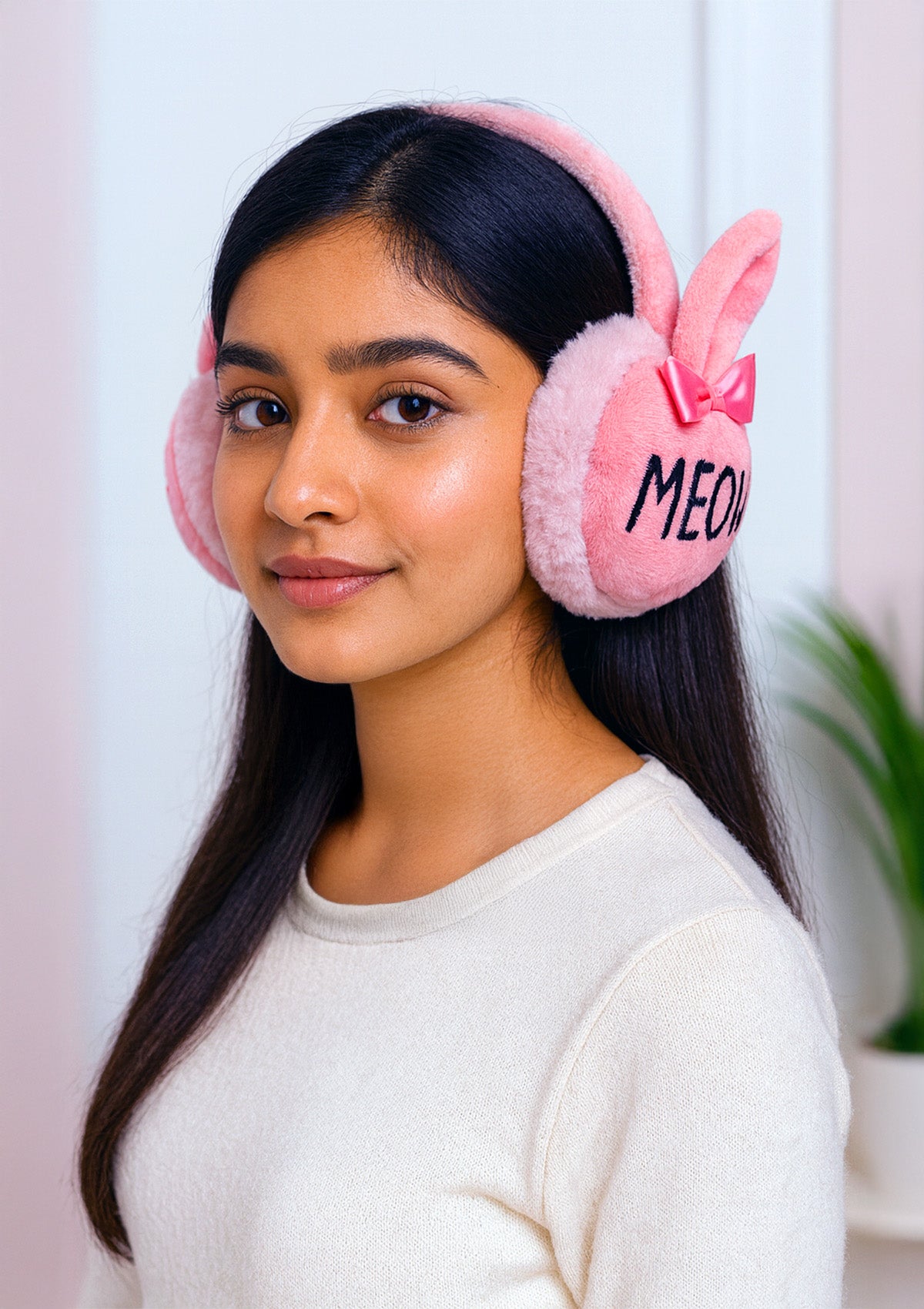 Pink Winter Ear Muffs – Ultra Soft Plush Bunny Bow Design