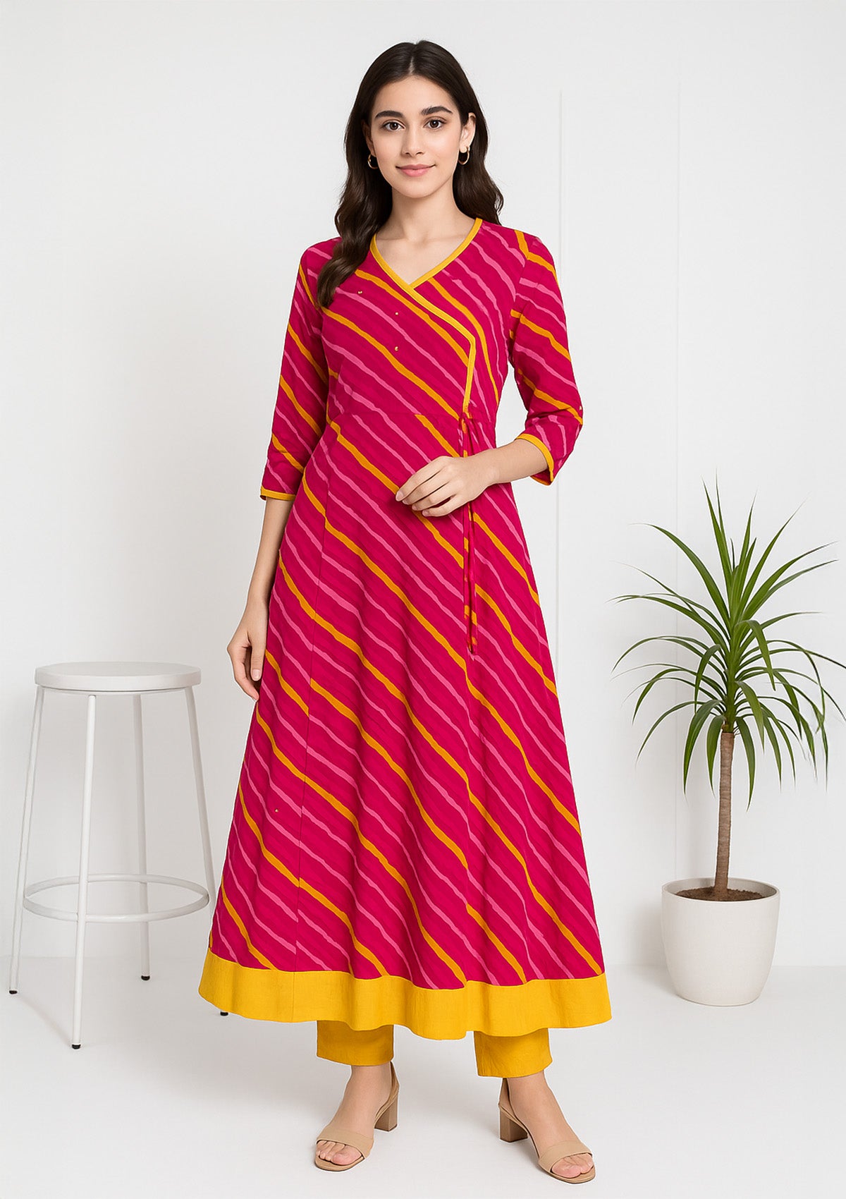 Designer Rayon Angrakha Kurti – Pink Yellow Striped A-line