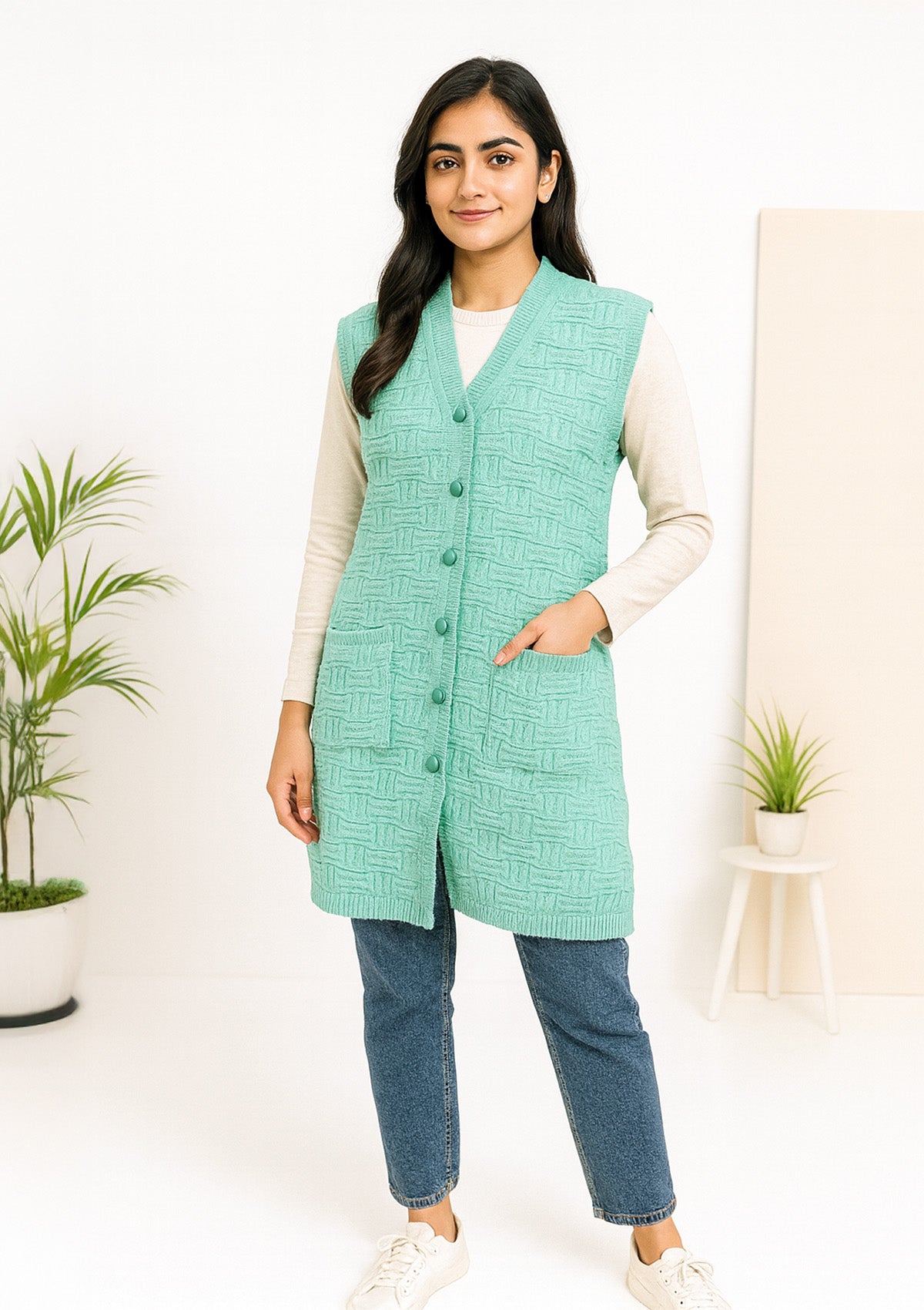 Womens Mint Green Sleeveless Knit Cardigan – V-Neck