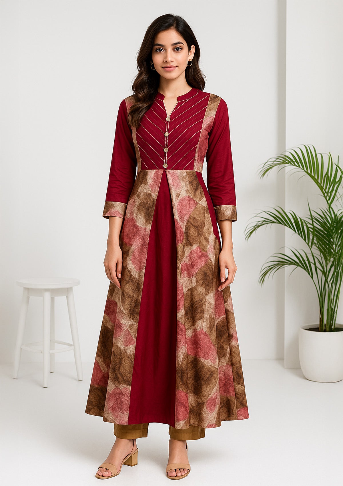 Women's Rayon A-line Kurti – Burgundy & Beige Abstract Print