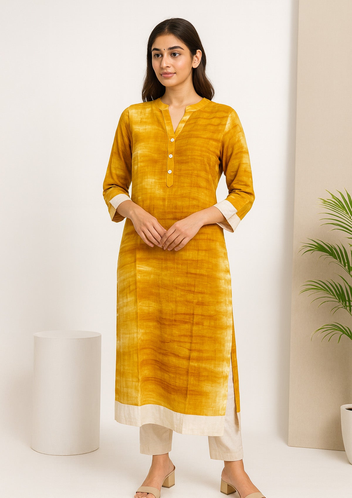 Women’s Mustard Tie-Dye Rayon Kurti – Straight Fit