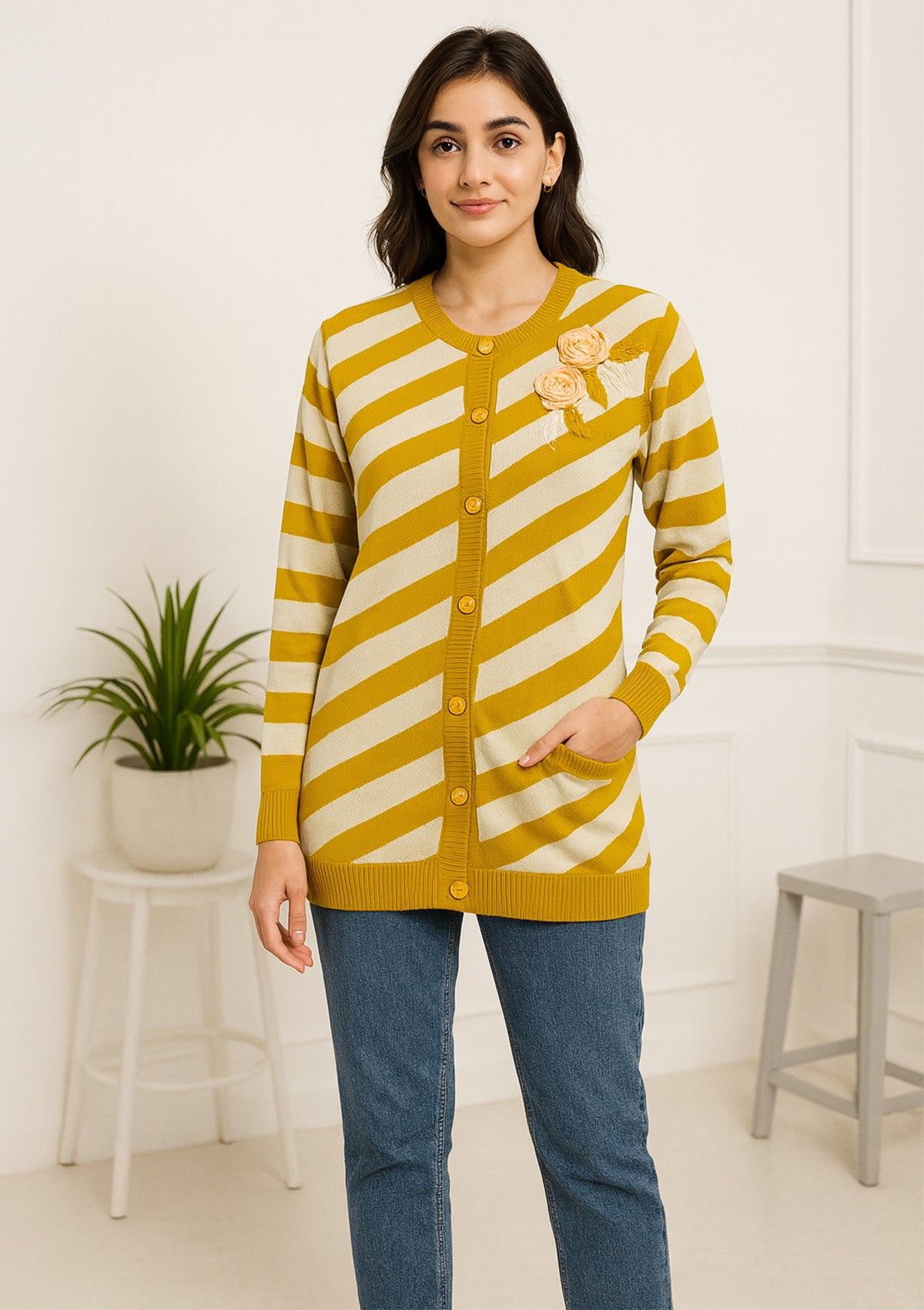 Mustard Yellow & Cream Stripe Cardigan – Floral Appliqué