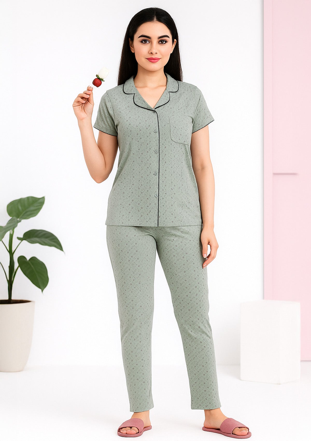 Sage Color Night Wear : Shirt and Straight Fit Bottoms