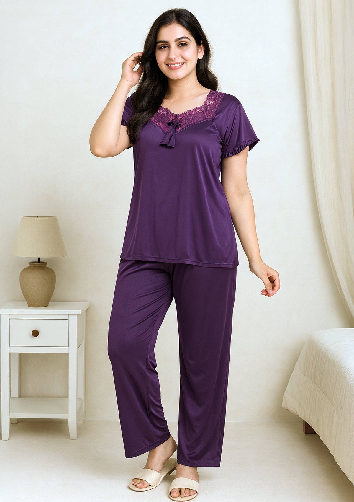 Women’s Purple Satin Silk Night Suit – Comfortable Sleepwear Set