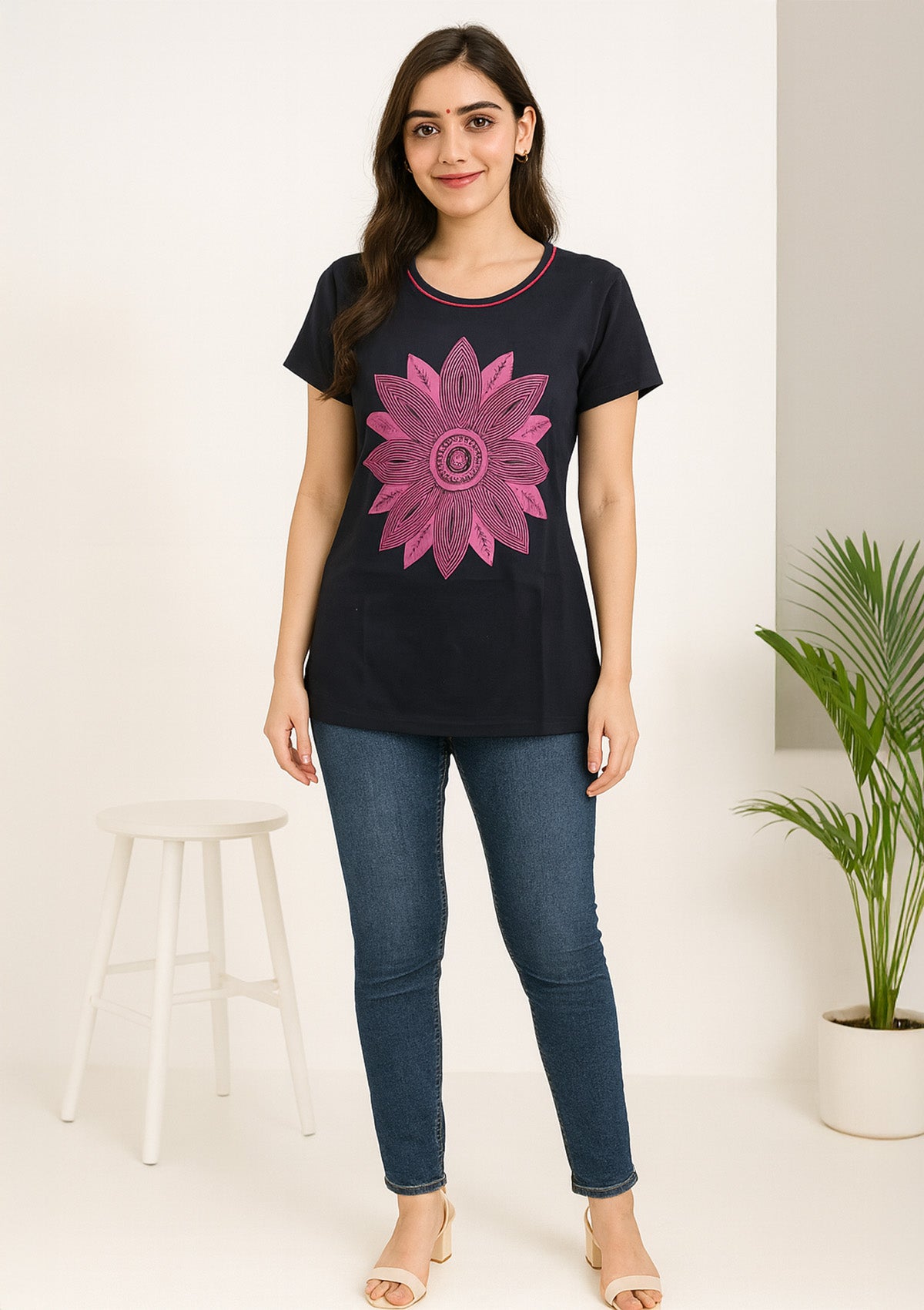 Women’s Black Cotton Hosiery Top – Pink Floral Motif Print