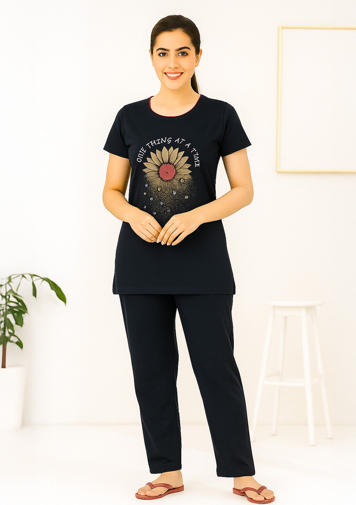 Navy Long T‑Shirt Lounge Set with Matching Straight Fit Bottoms