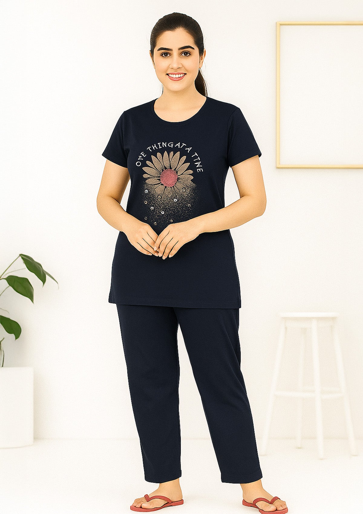 Navy Long T‑Shirt Lounge Set with Matching Straight Fit Bottoms
