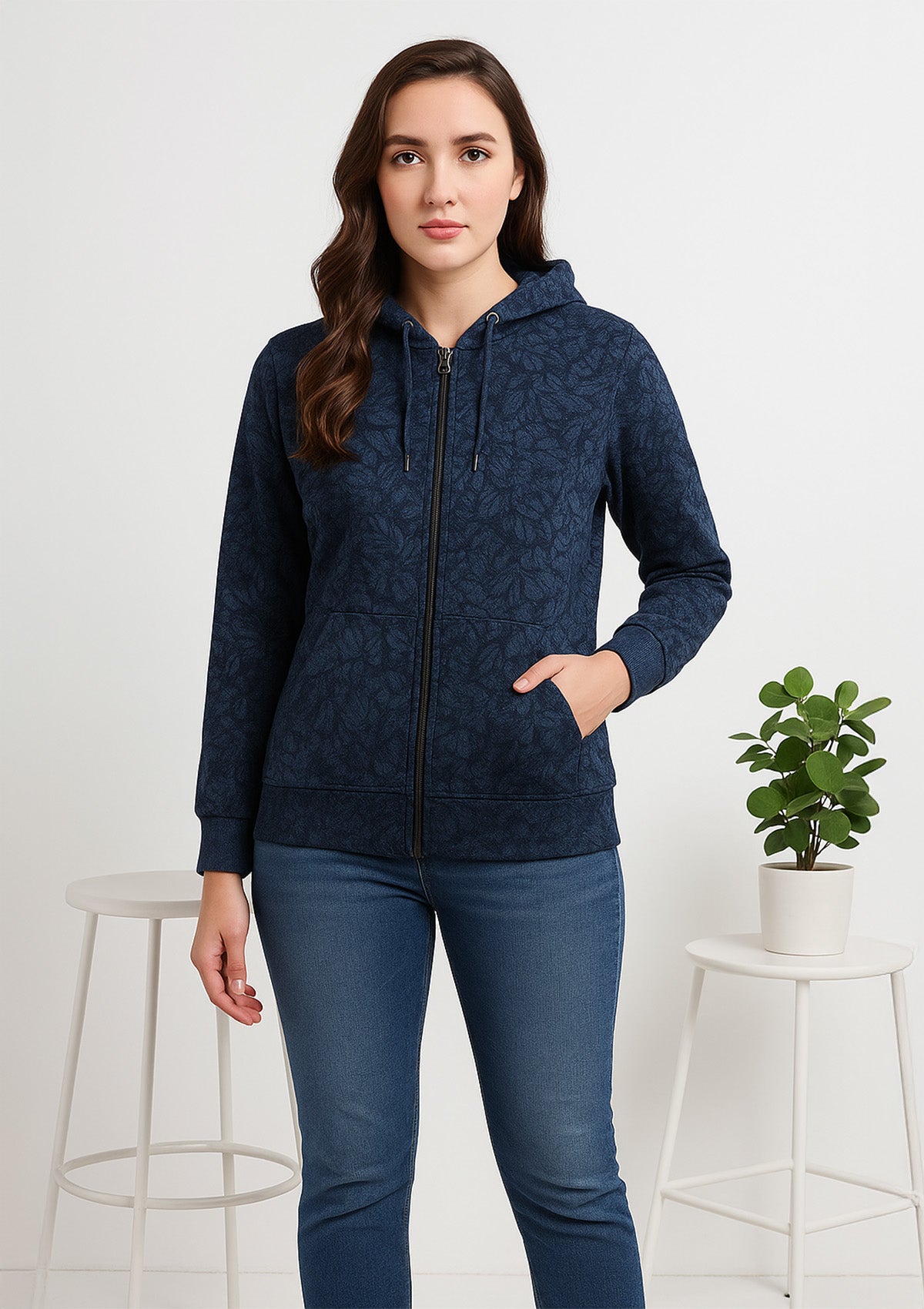 Premium Navy Leaf Print Zip Hoodie – Soft Fleece