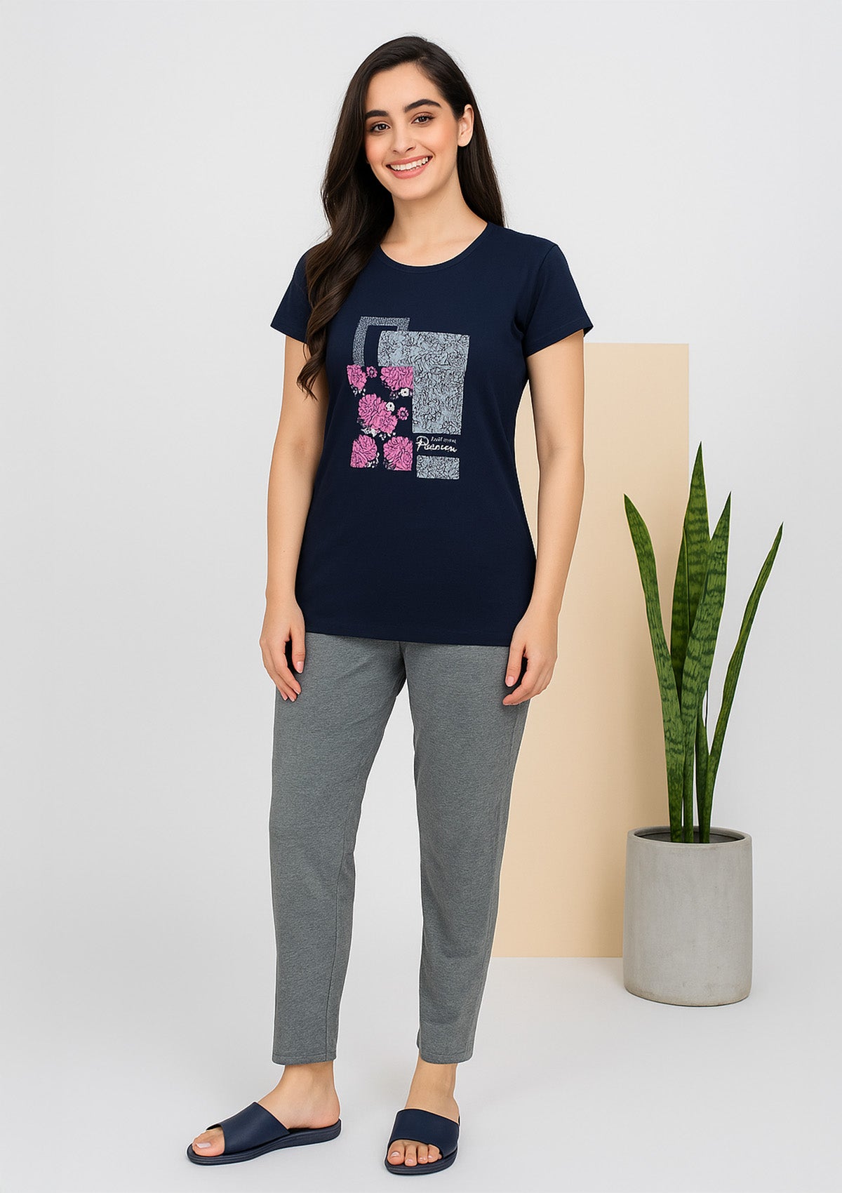 Navy Graphic Tee and Heather Grey Pyjama Lounge Set