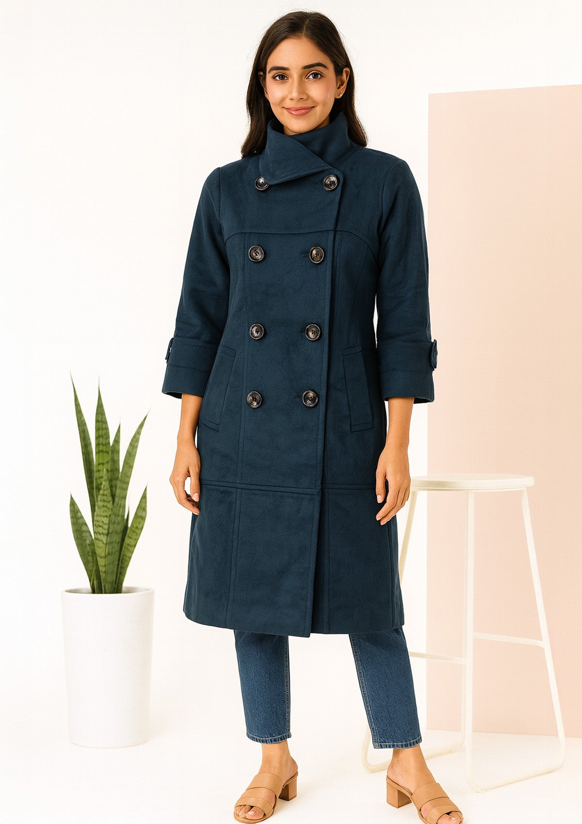 Premium Long Coat for Women – Double‑Breasted Peacoat Style