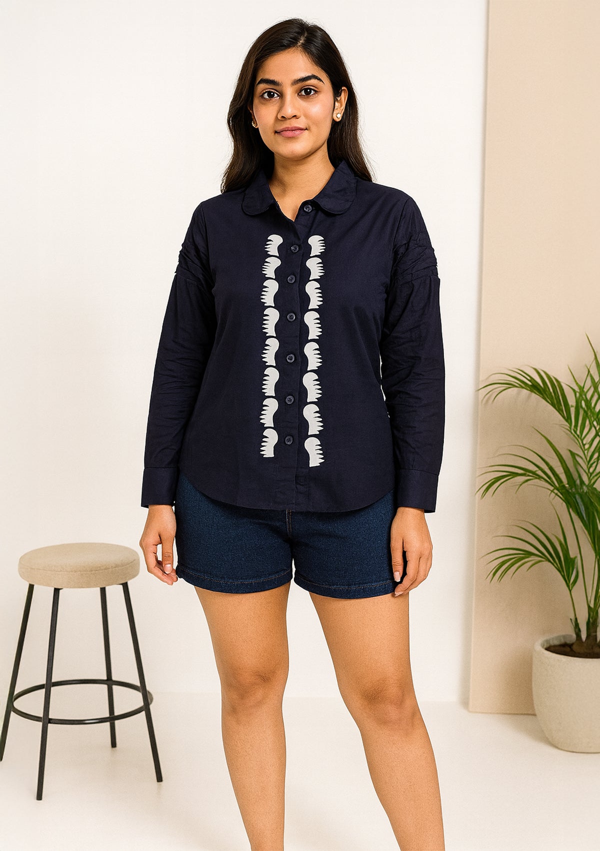 Women’s Navy Blue Cotton Shirt – Abstract Center Print