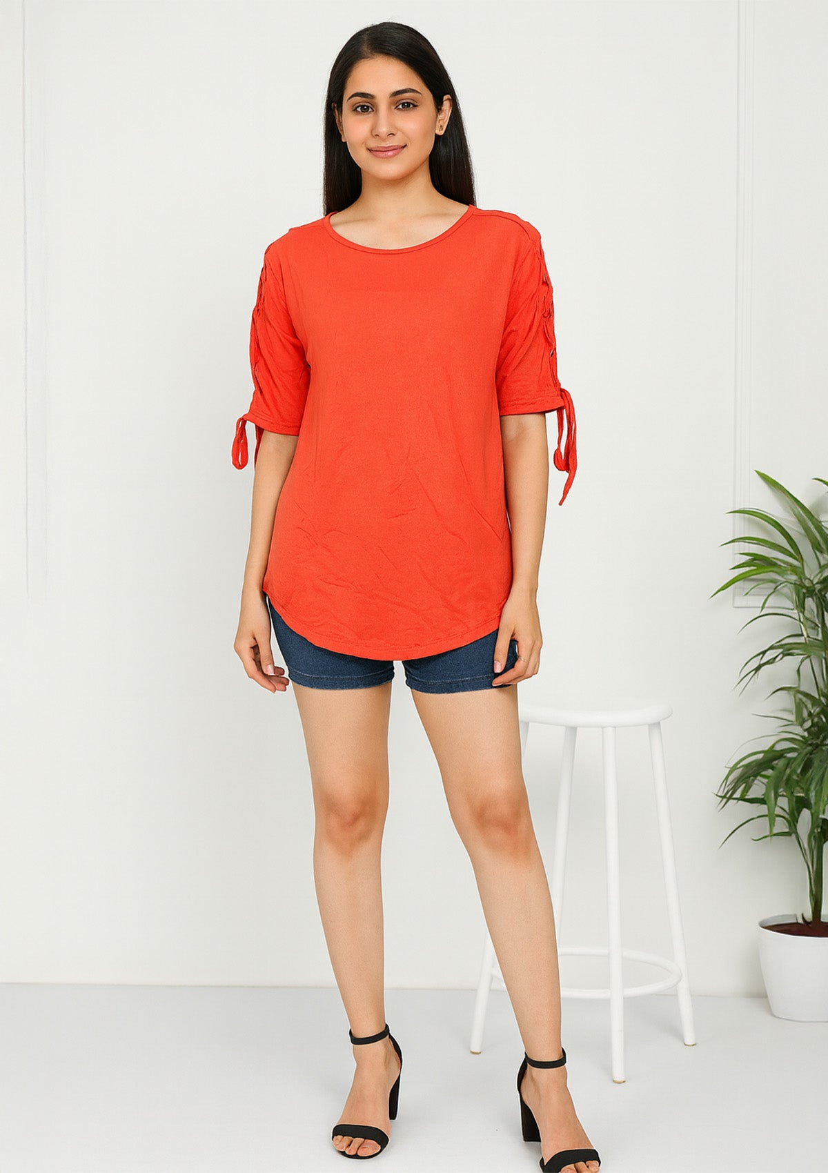 Women’s Orange Cotton Lycra Top – Side Tie Sleeve