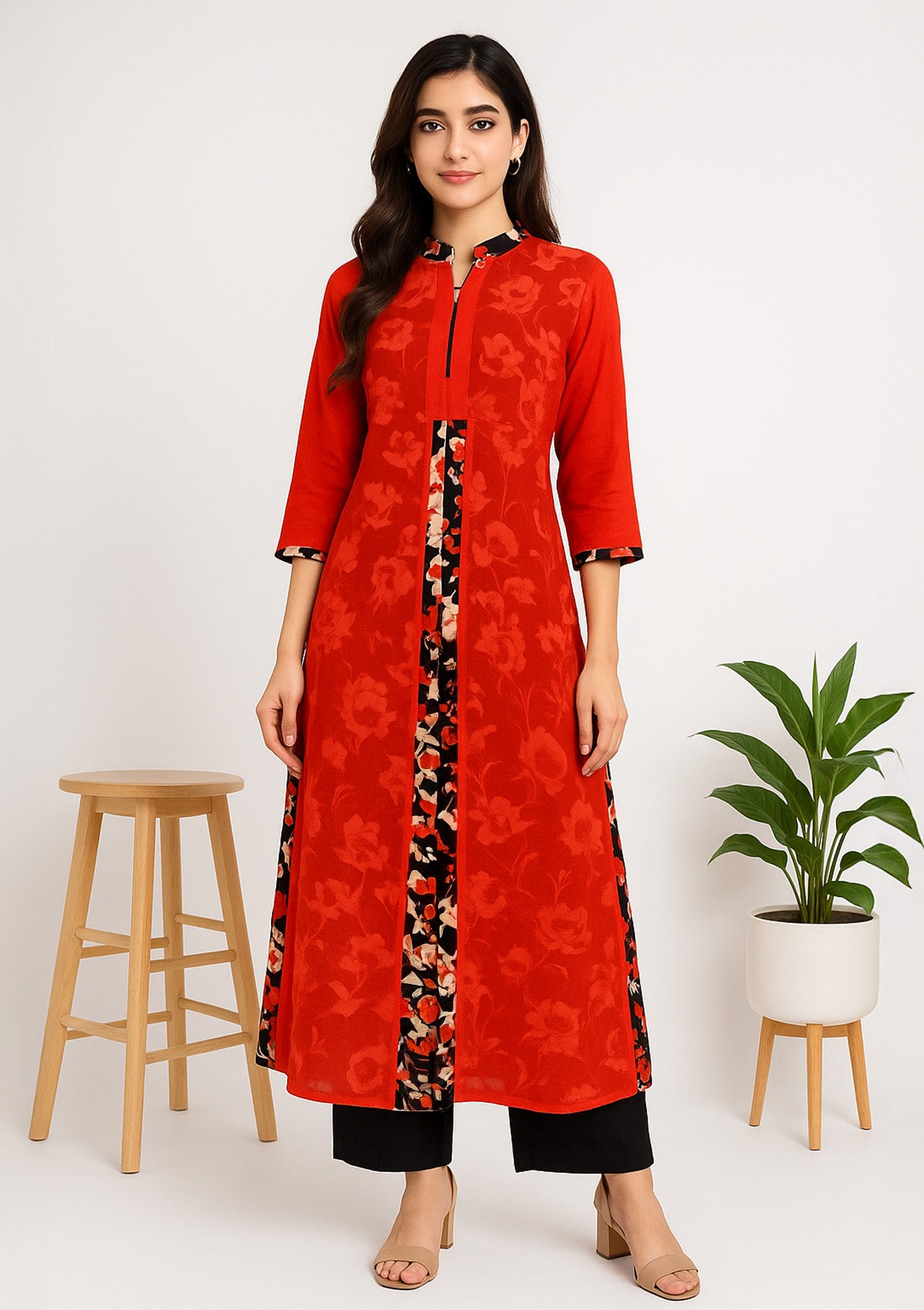 Women’s Orange Floral Crepe A-Line Kurti – Modern Zip Neck