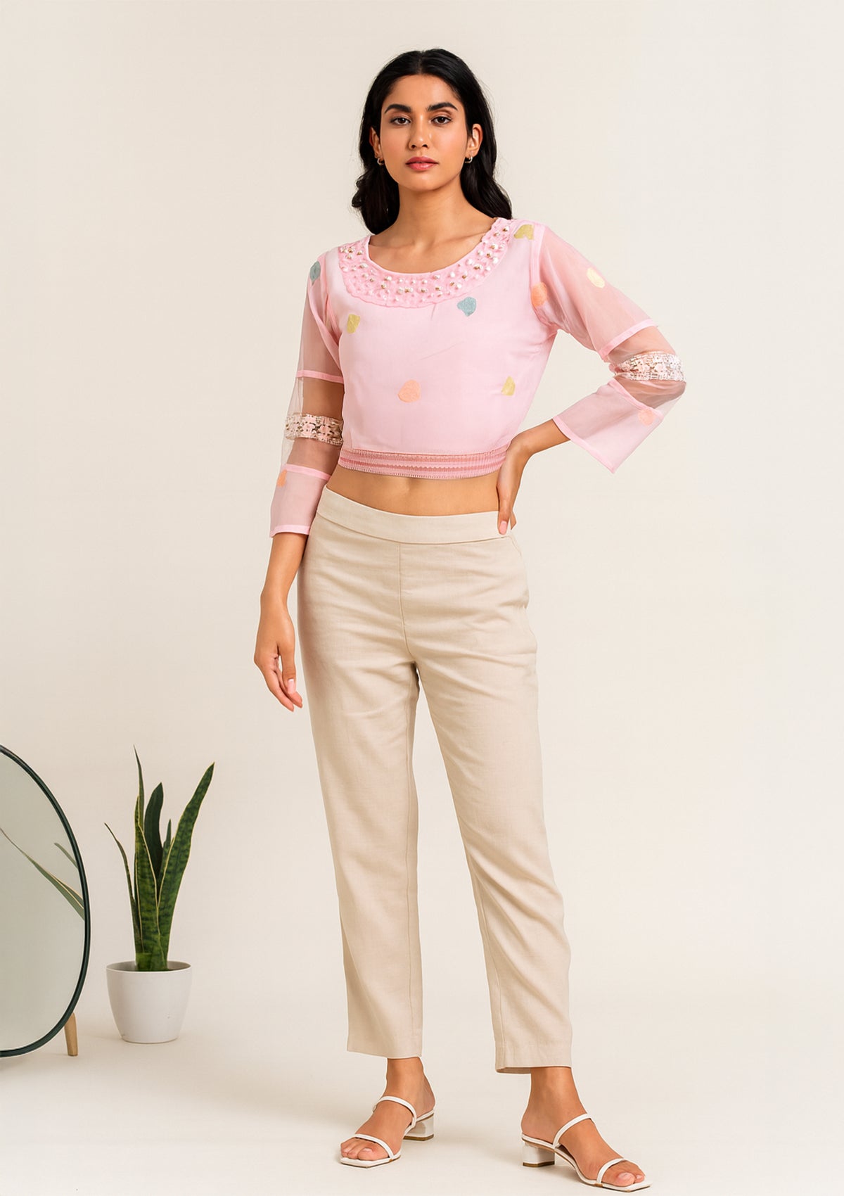 Women’s Baby Pink Georgette Pearl Work Short Top – Heart Embroidery