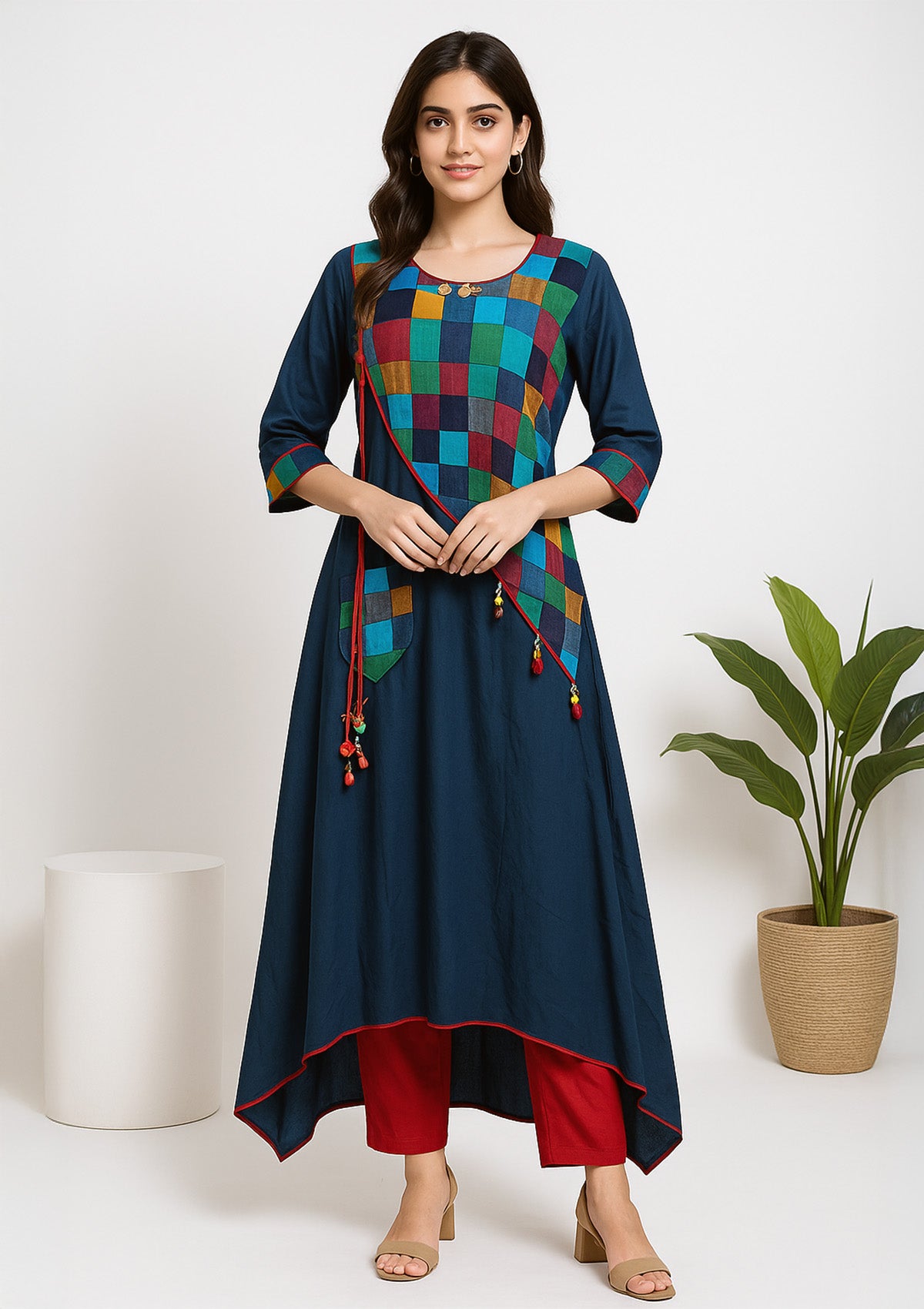 Patchwork Asymmetrical Kurti Dress – Multicolor Checked A-Line