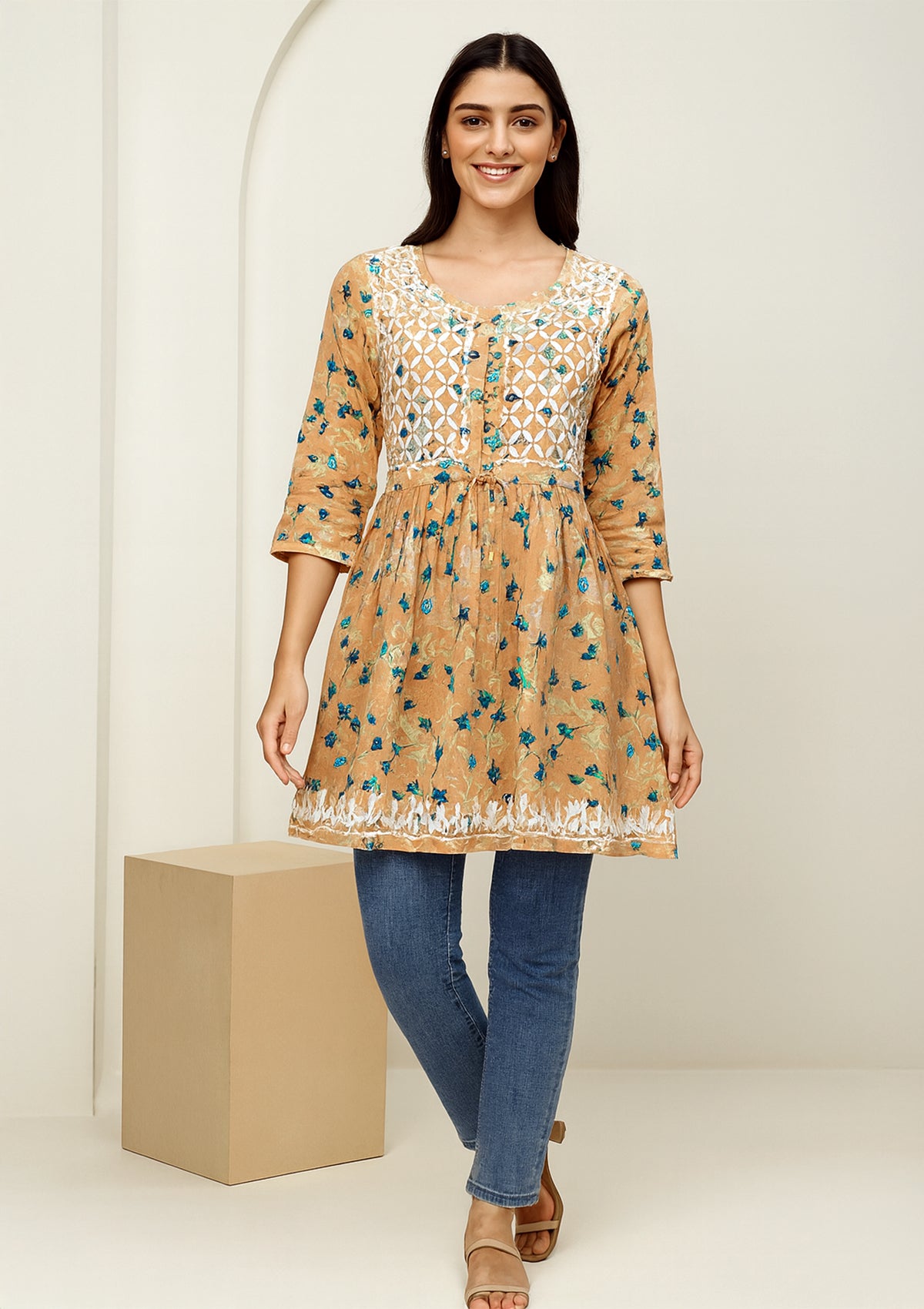 ClothingSutra Peach Short Kurti with Multicolor Chikankari Embroidery 38
