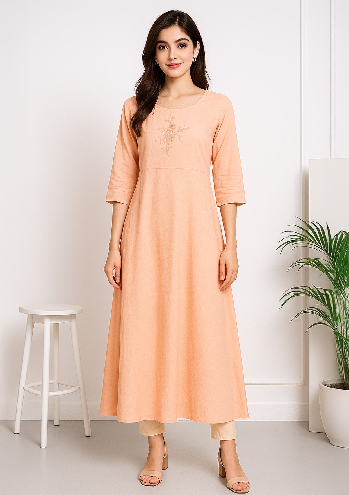 Peach Rayon A-line Kurti – Embroidered Floral Long Dress
