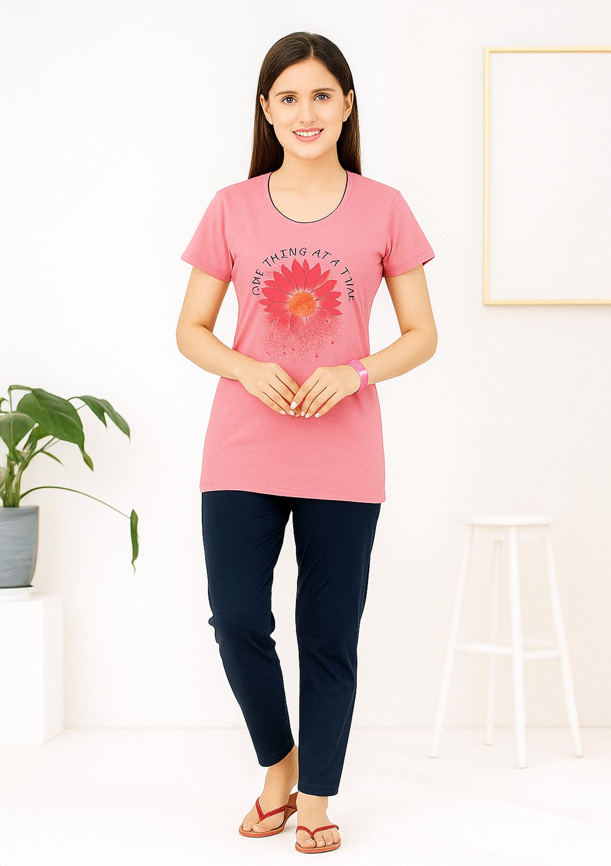 Pink Long T‑Shirt Lounge Set with Navy Straight Fit Bottoms