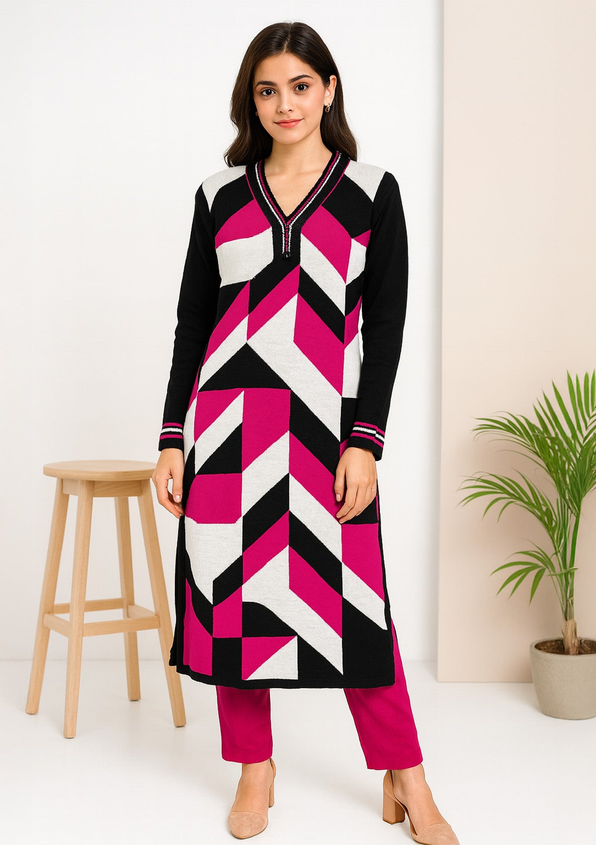 Geometric Winter Knit Kurti – Black, White & Magenta