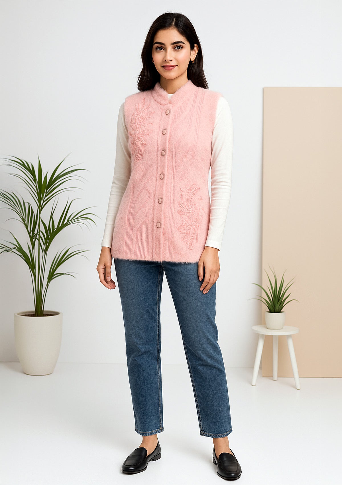 Women's Feather Wool Sleeveless Cardigan – Blush Pink