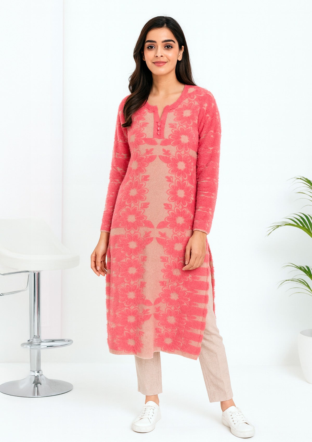 Feather Wool Floral Knit Kurti – Free Size & Soft Fuzzy Warmth