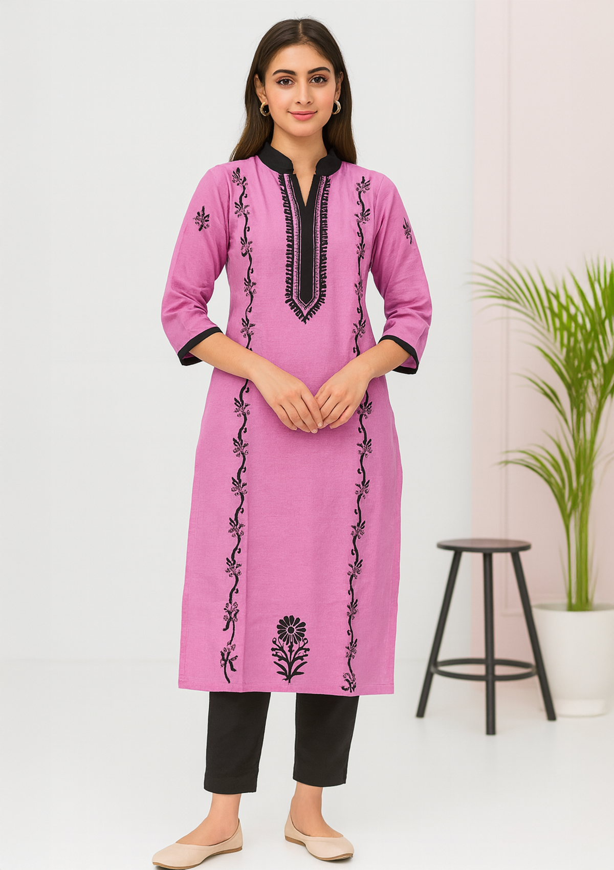 Women Silk Kurti – Pink with Black Floral Thread Embroidery