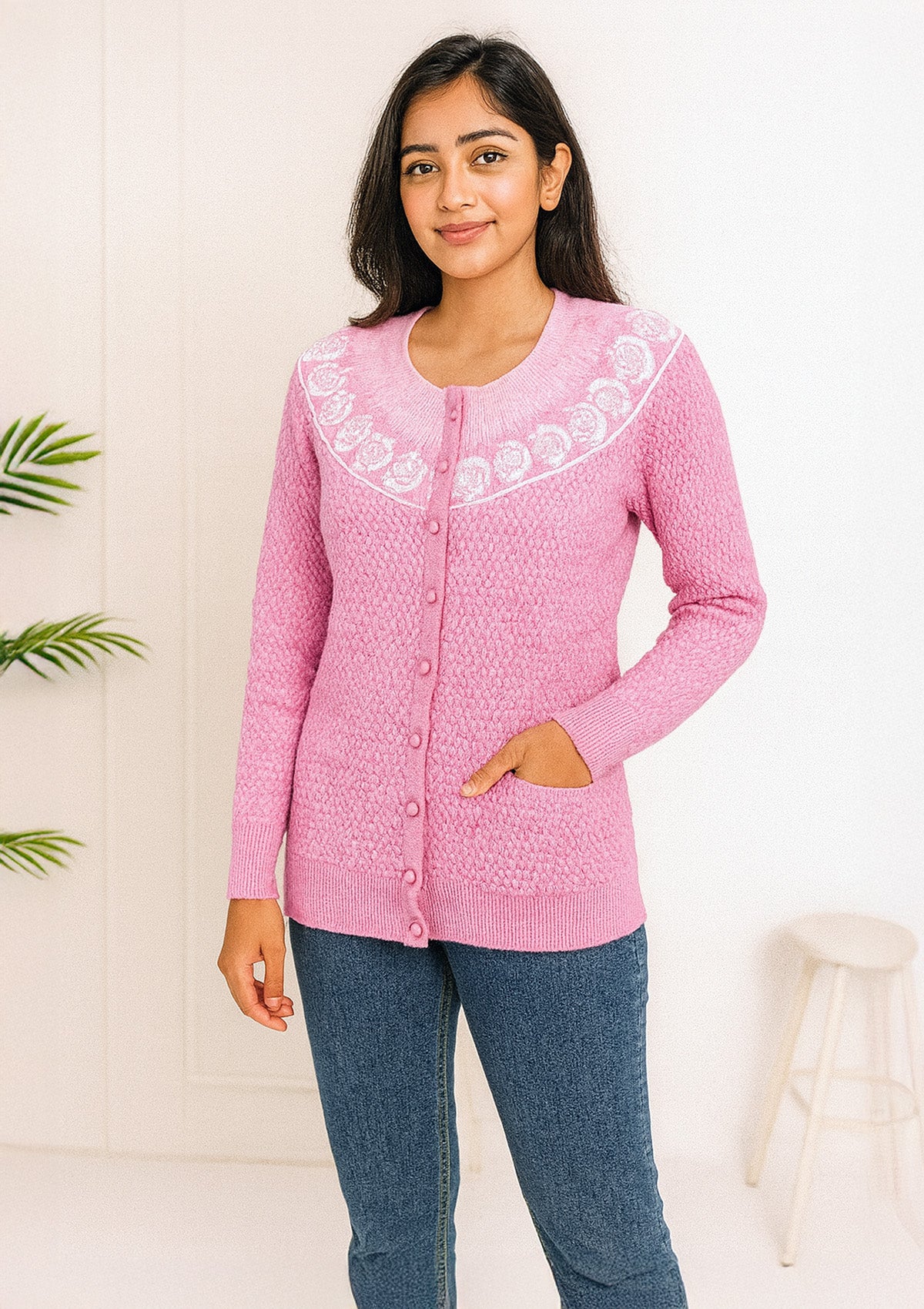 Women Pink Floral Yoke Cardigan – Soft Knit & Button-Up